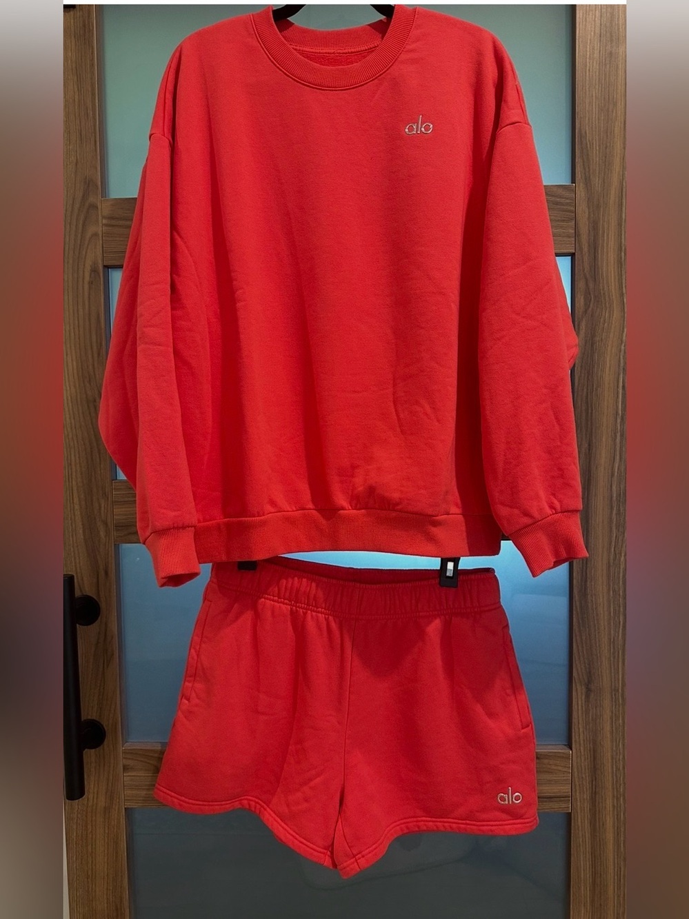 Women’s ALO Yoga Coral Red Crewneck Sweatshirt & Matching Shorts Set